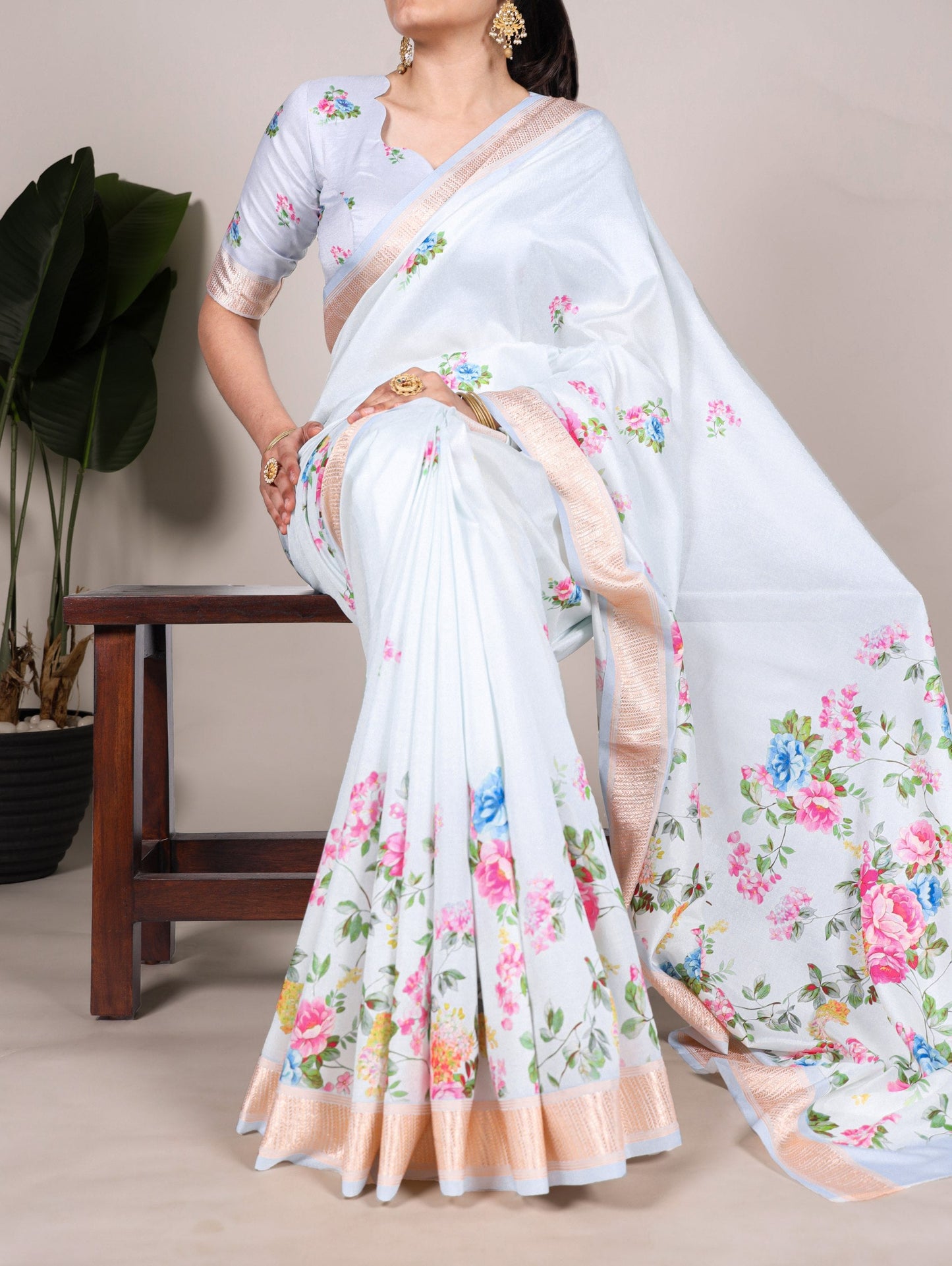 White Traditional Tussar Silk Saree
