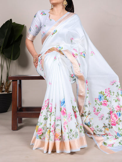 White Traditional Tussar Silk Saree