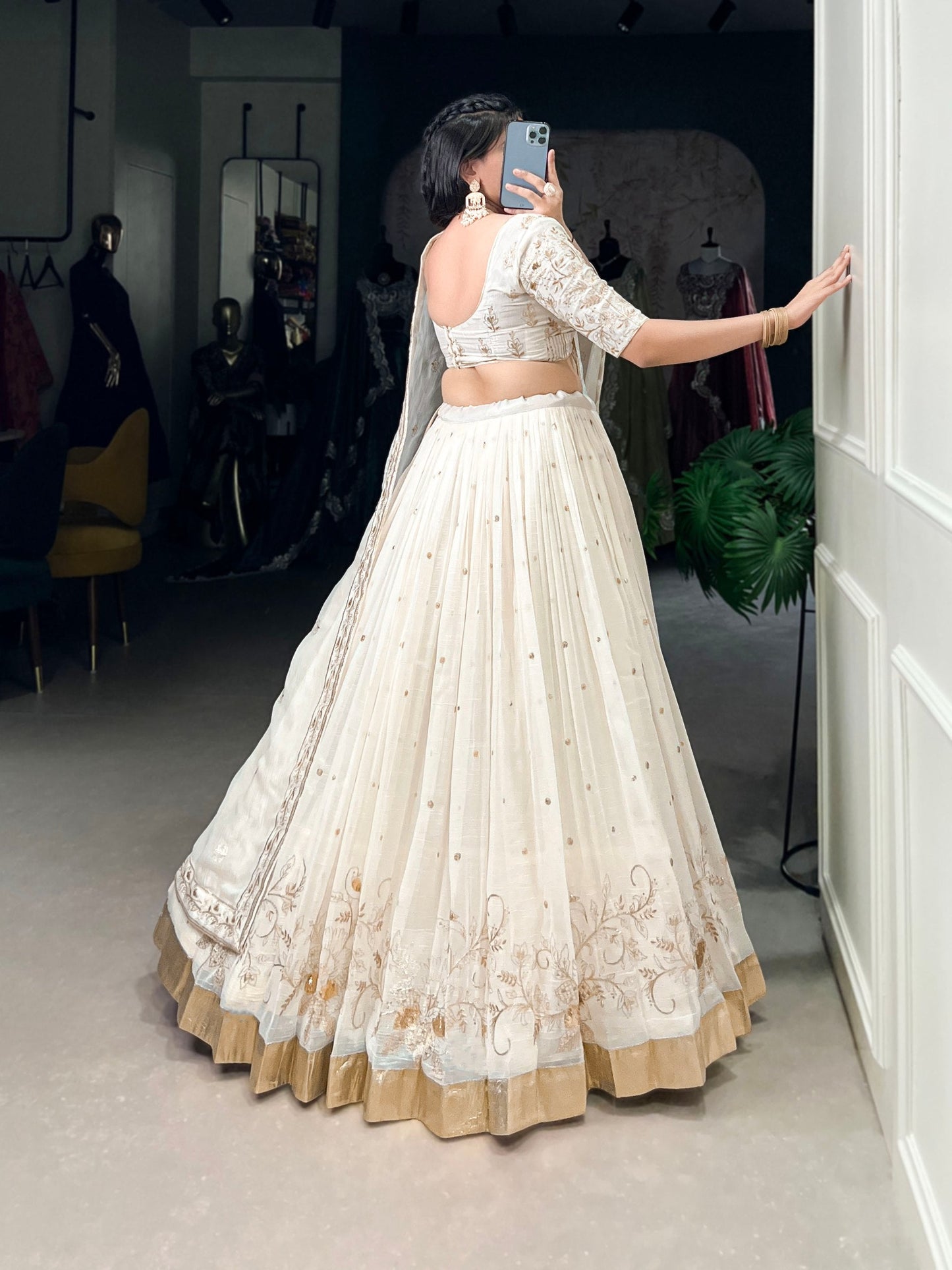White Wedding Wear Silver Glossy Lehenga