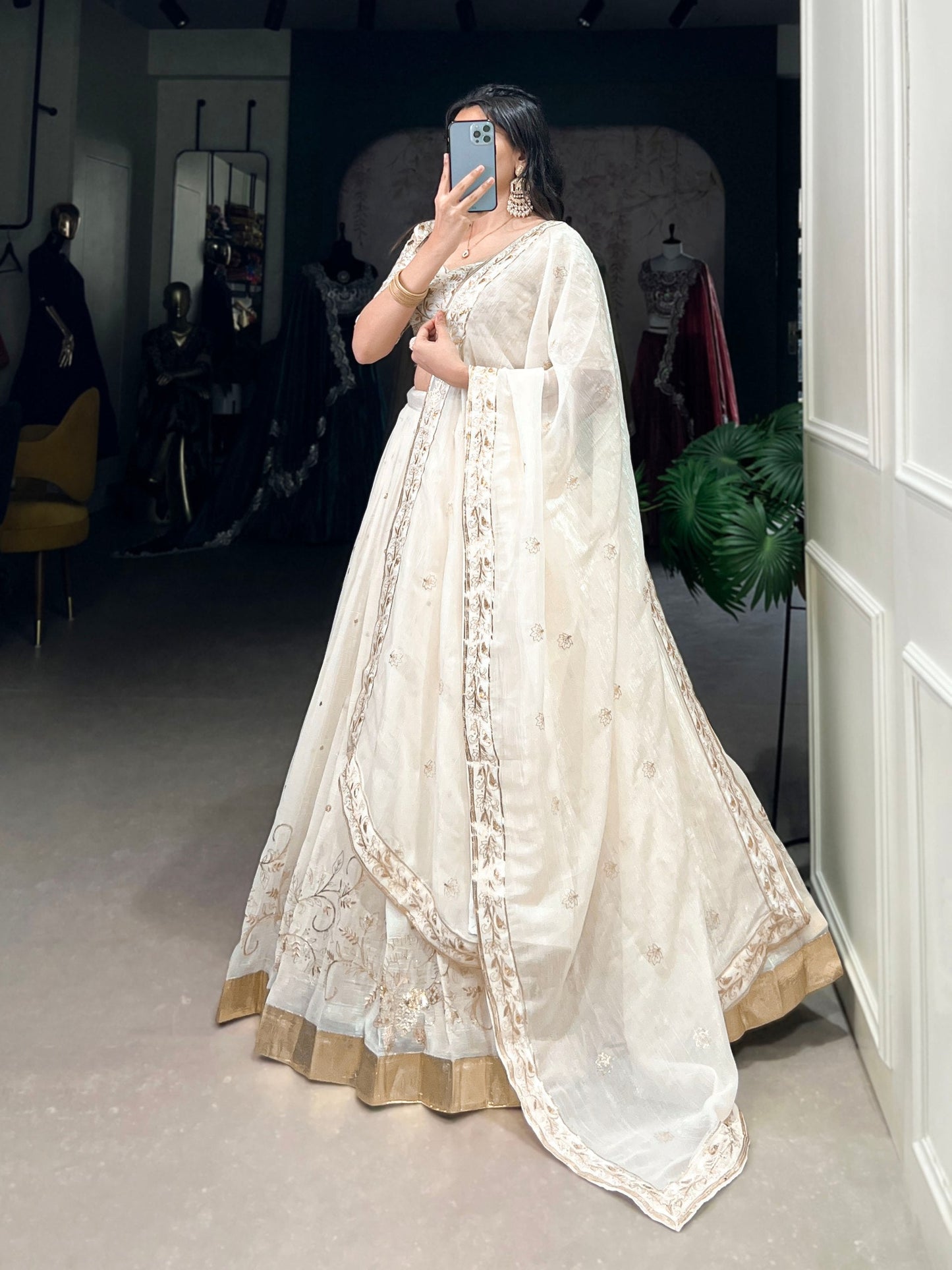 White Wedding Wear Silver Glossy Lehenga