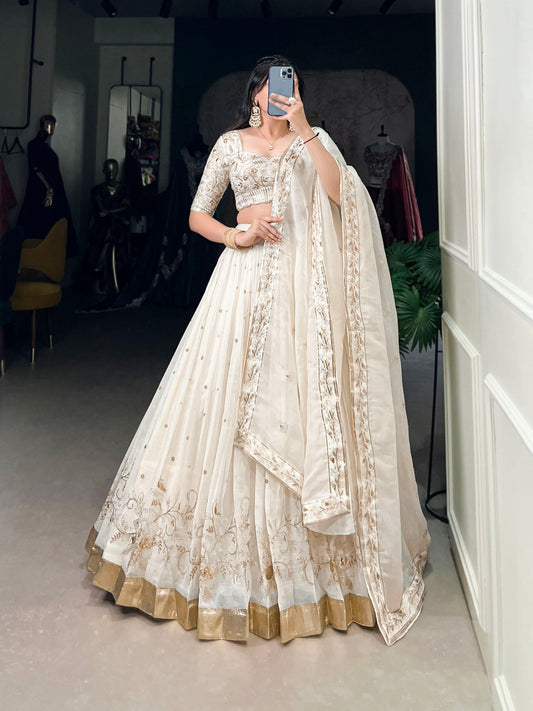 White Wedding Wear Silver Glossy Lehenga