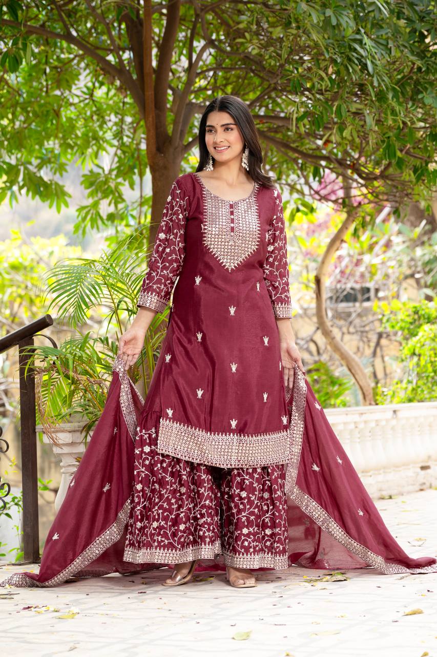Wine Chinon Silk Designer Kurta Set