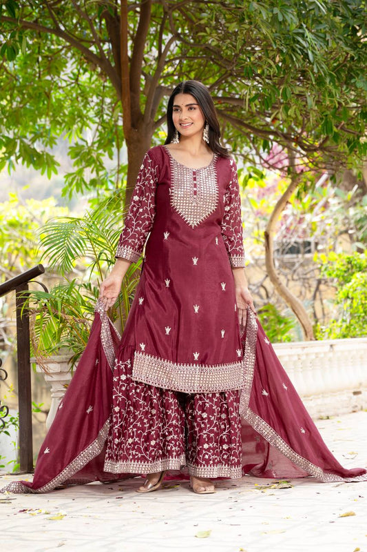 Wine Chinon Silk Designer Kurta Set