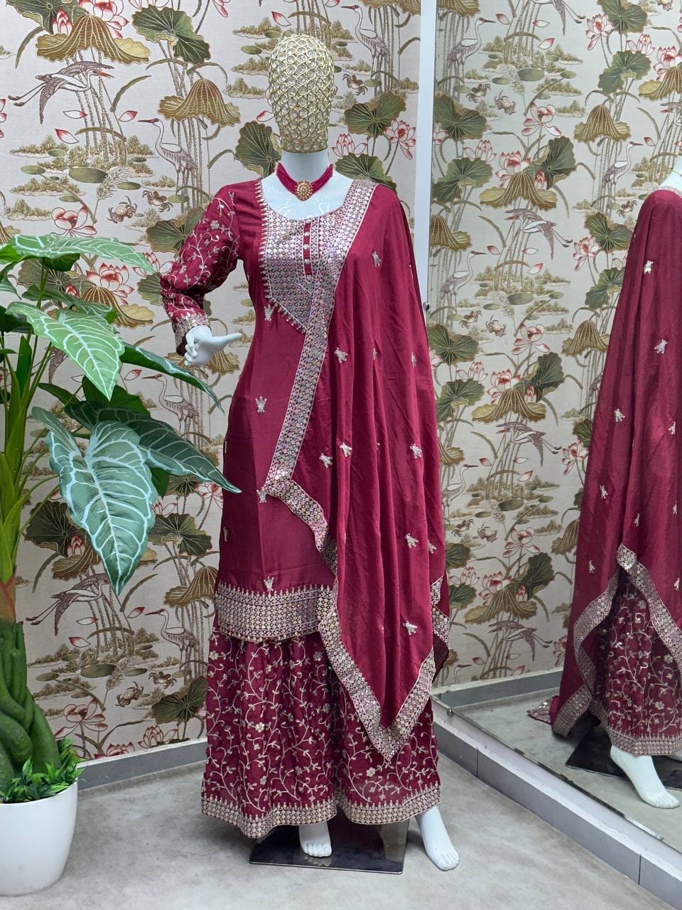 Wine Chinon Silk Designer Kurta Set