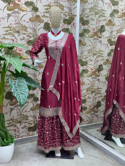 Wine Chinon Silk Designer Kurta Set