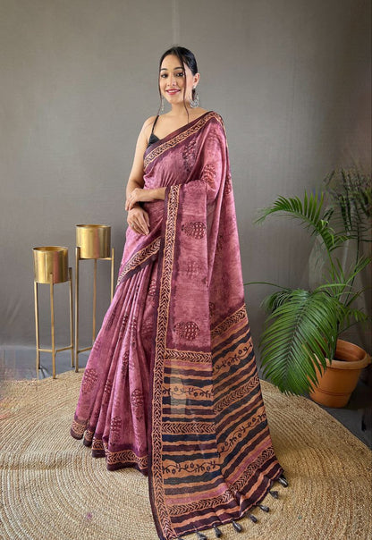 Wine Cotton Tussar Silk Saree