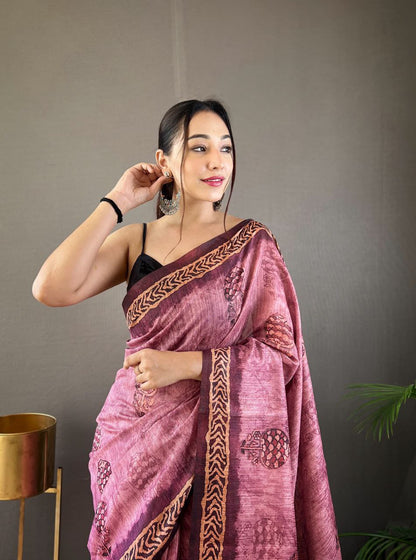 Wine Cotton Tussar Silk Saree