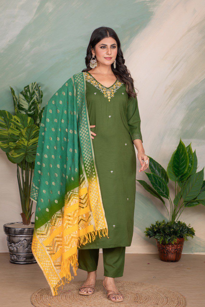 Mehendi Designer Chanderi Cotton Kurta Pant With Dupatta