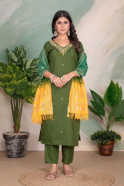 Mehendi Designer Chanderi Cotton Kurta Pant With Dupatta