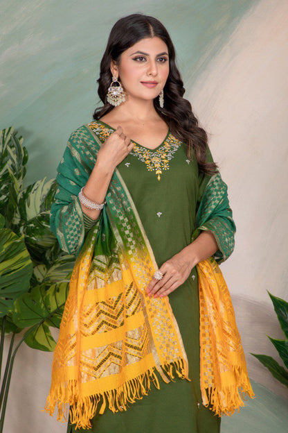 Mehendi Designer Chanderi Cotton Kurta Pant With Dupatta