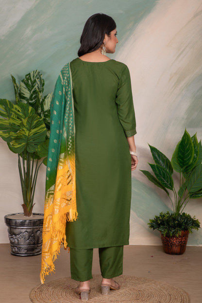 Mehendi Designer Chanderi Cotton Kurta Pant With Dupatta
