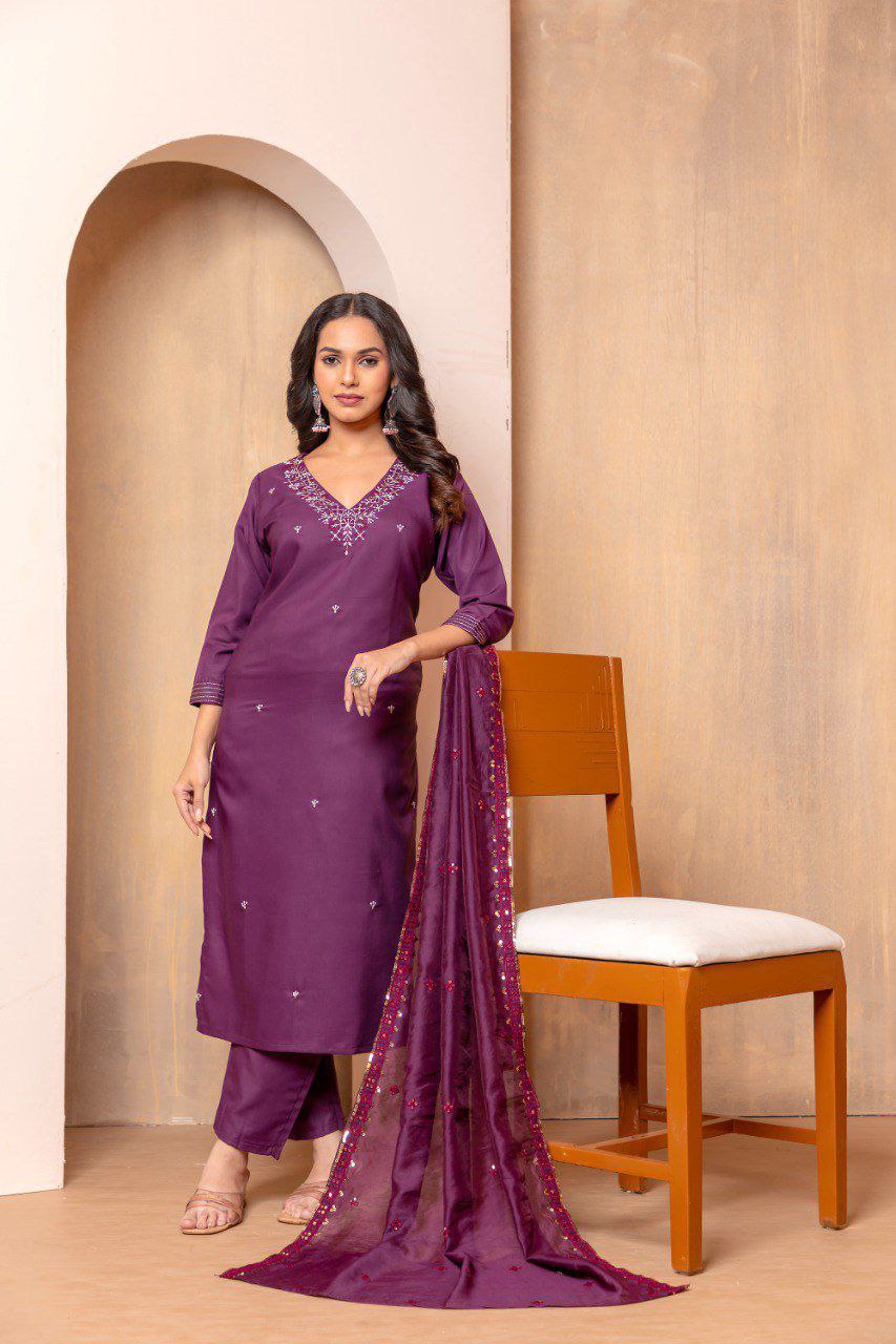 Wine Designer Chanderi Cotton Kurta Pant With Dupatta