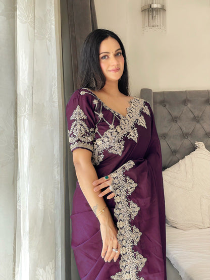 Wine Designer Chinon Silk Saree