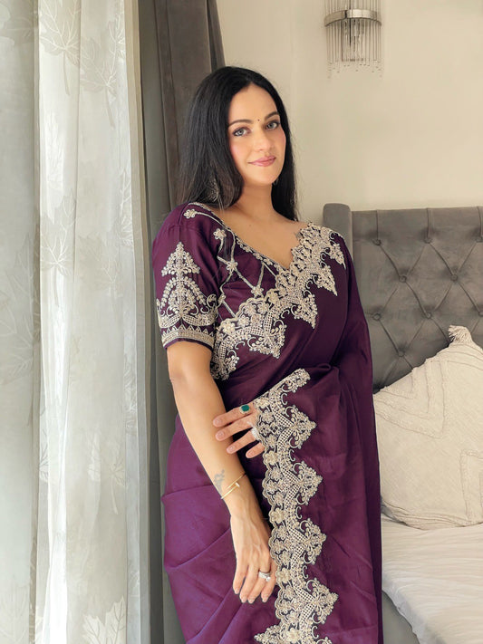 Wine Designer Chinon Silk Saree