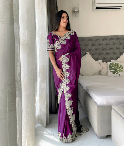 Wine Designer Chinon Silk Saree