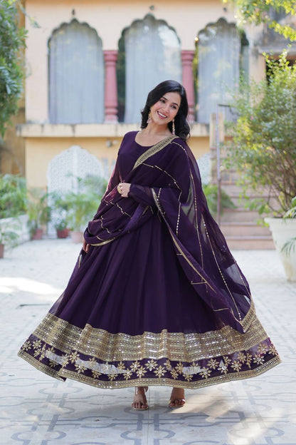 Wine Designer Georgette Gown With Dupatta