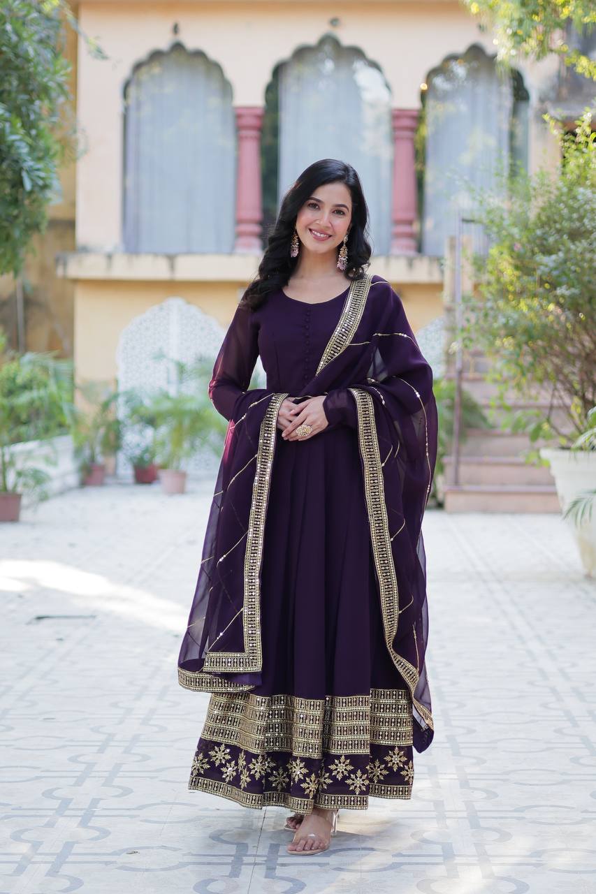 Wine Designer Georgette Gown With Dupatta