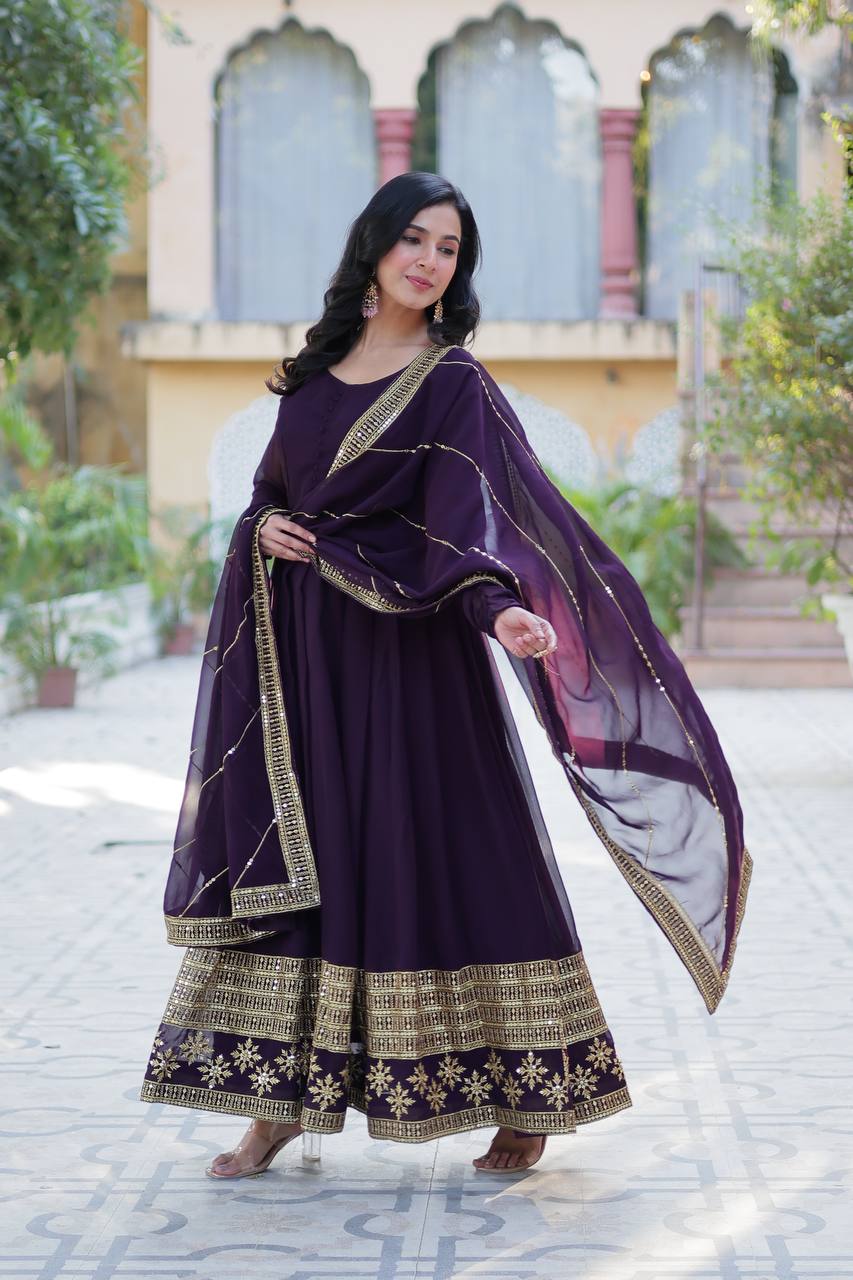 Wine Designer Georgette Gown With Dupatta