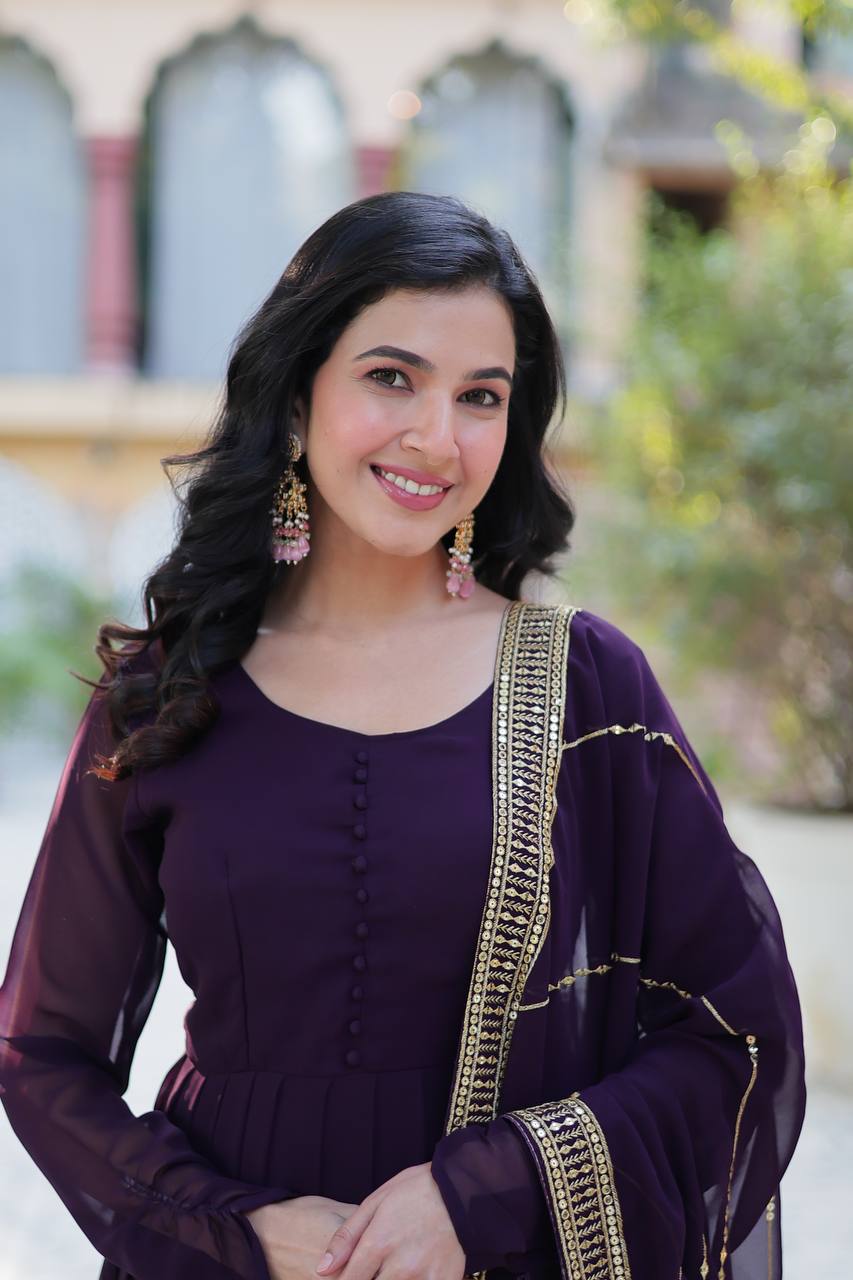 Wine Designer Georgette Gown With Dupatta