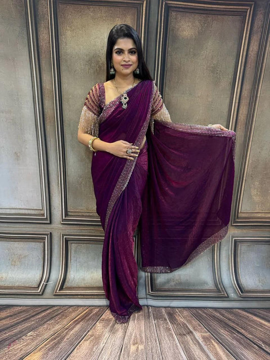 Wine Designer Party Wear Space Silk Saree