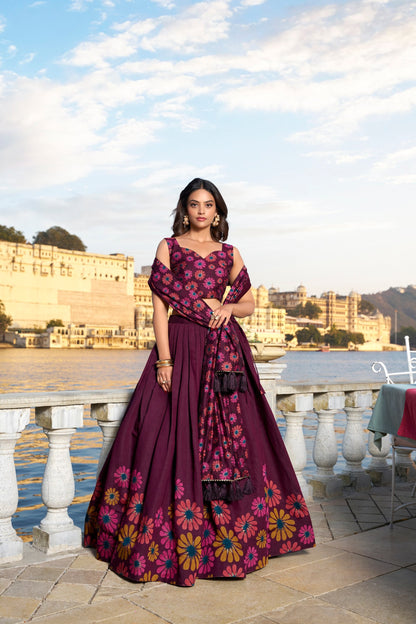 Wine Floral Printed Tussar Silk Lehenga