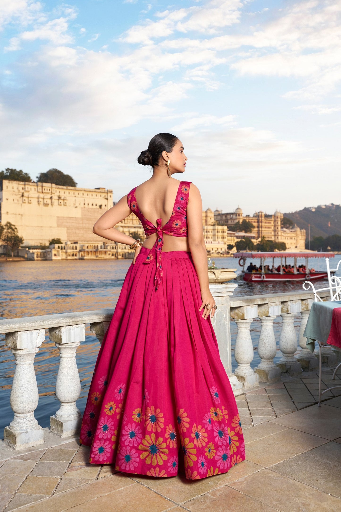 Pink Floral Printed Tussar Silk Lehenga