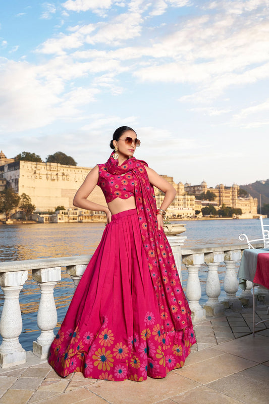 Pink Floral Printed Tussar Silk Lehenga