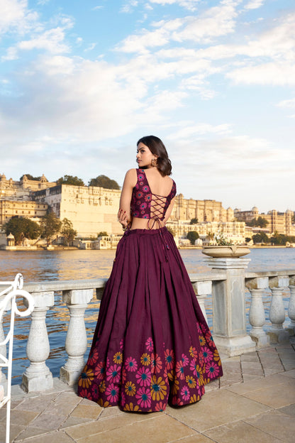 Wine Floral Printed Tussar Silk Lehenga