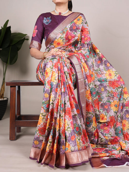 Wine Floral Printed Tussar Silk Saree