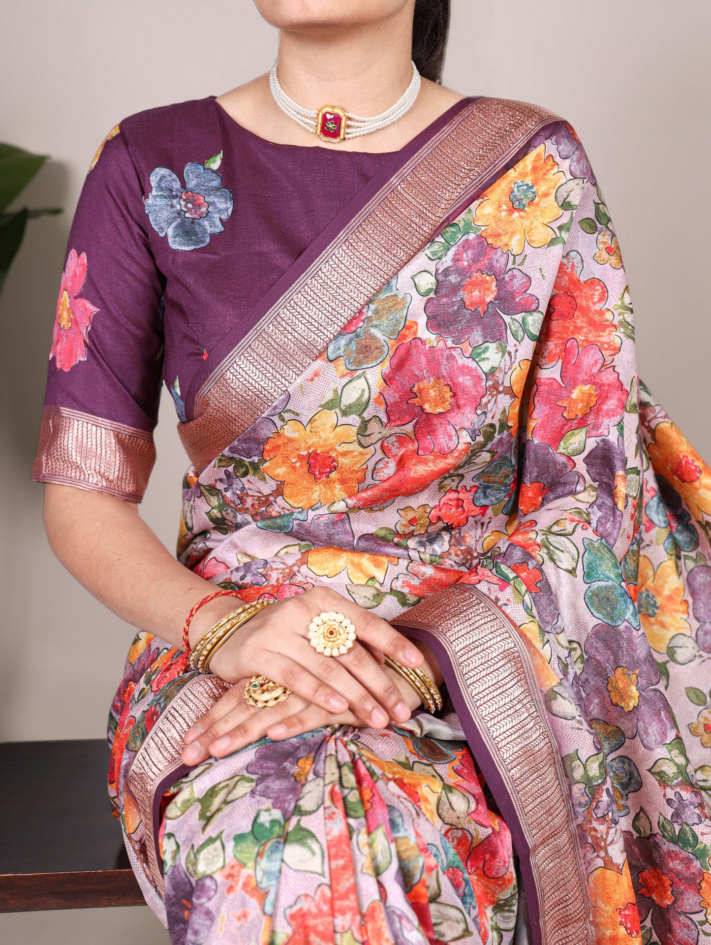 Wine Floral Printed Tussar Silk Saree