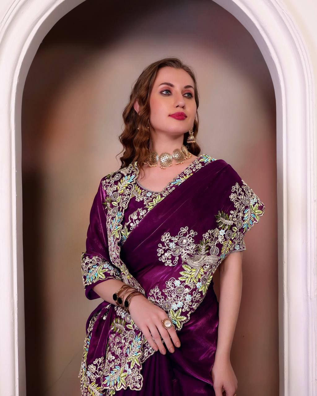 Wine Jimmy Choo Silk Saree For Wedding