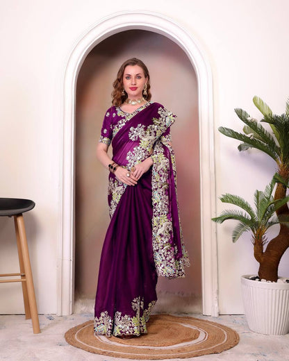 Wine Jimmy Choo Silk Saree For Wedding