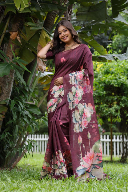 Wine Lotus Printed Tussar Silk Saree
