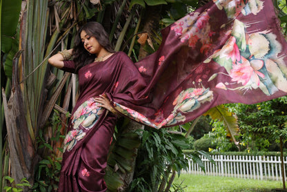 Wine Lotus Printed Tussar Silk Saree