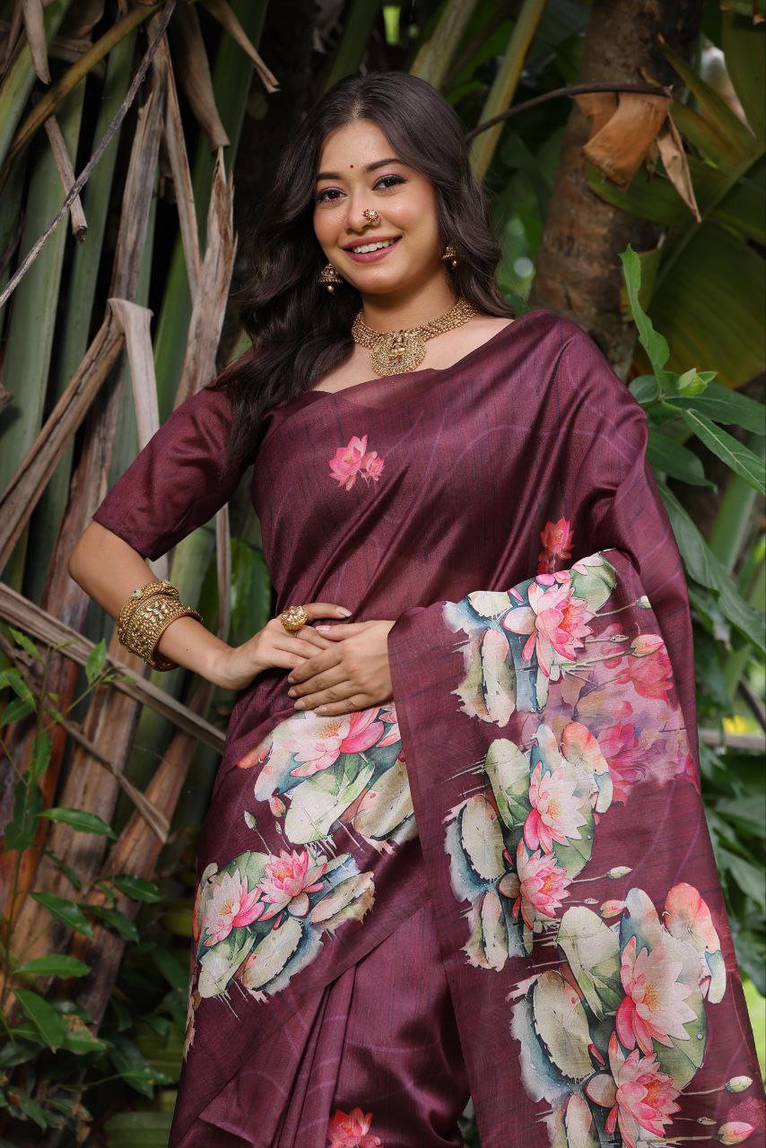 Wine Lotus Printed Tussar Silk Saree
