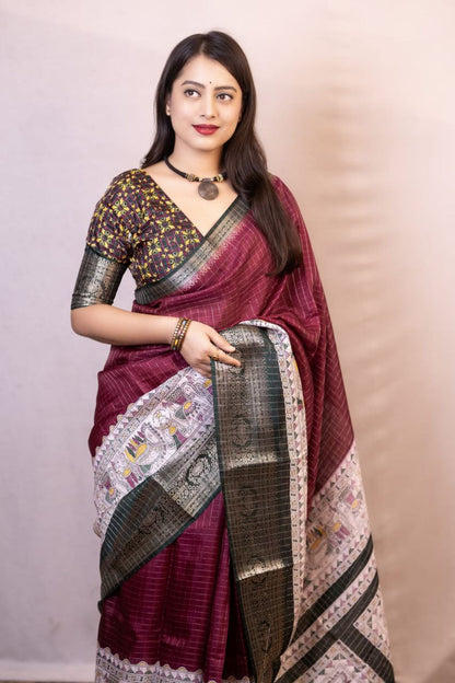 Wine Madhubani Printed Cotton Crape Chex Saree
