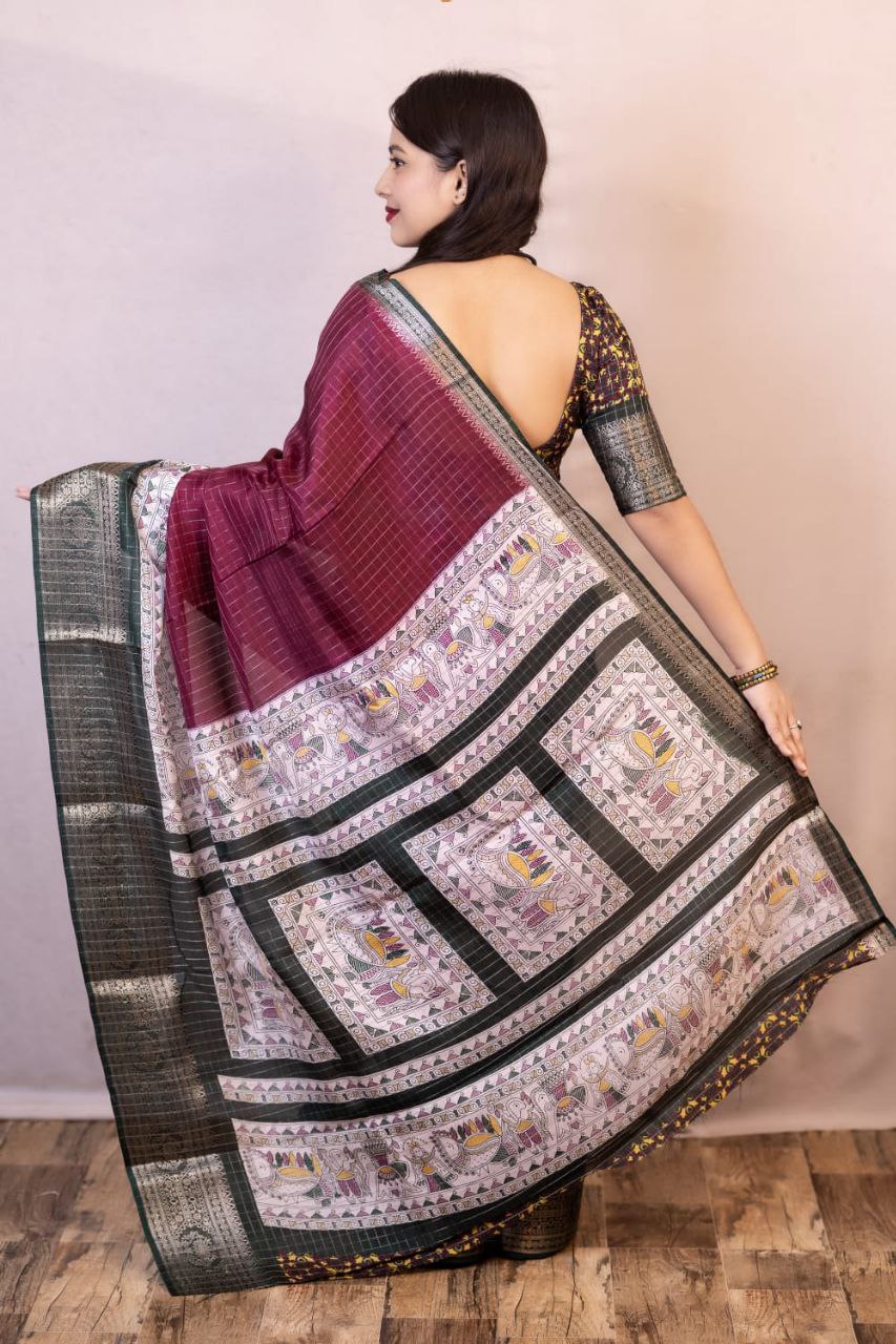 Wine Madhubani Printed Cotton Crape Chex Saree