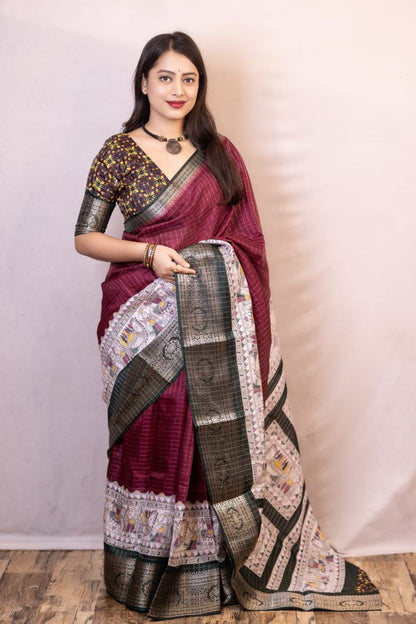 Wine Madhubani Printed Cotton Crape Chex Saree