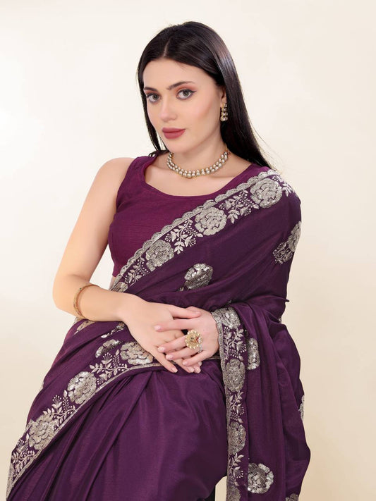Wine Party Wear Chinon Silk Saree