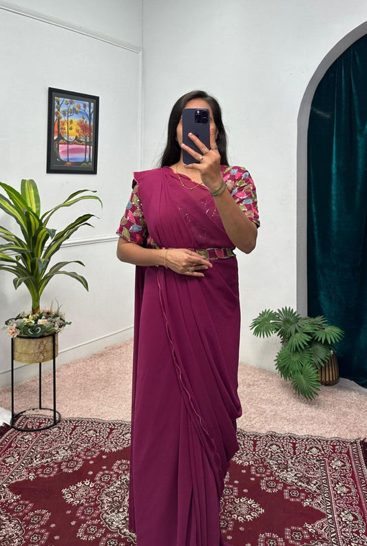Wine Party Wear Georgette Gown Saree