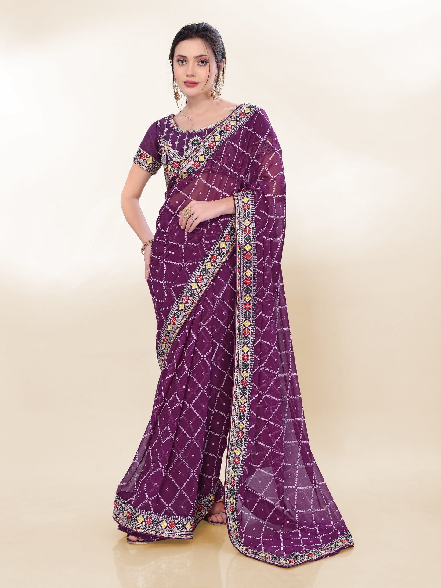 Wine Purple Bandhej Printed Georgette Saree