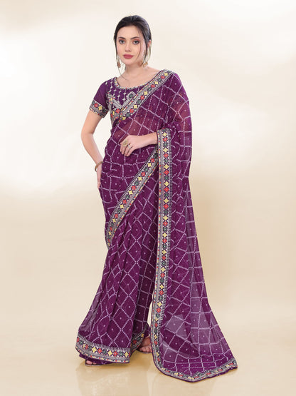Wine Purple Bandhej Printed Georgette Saree