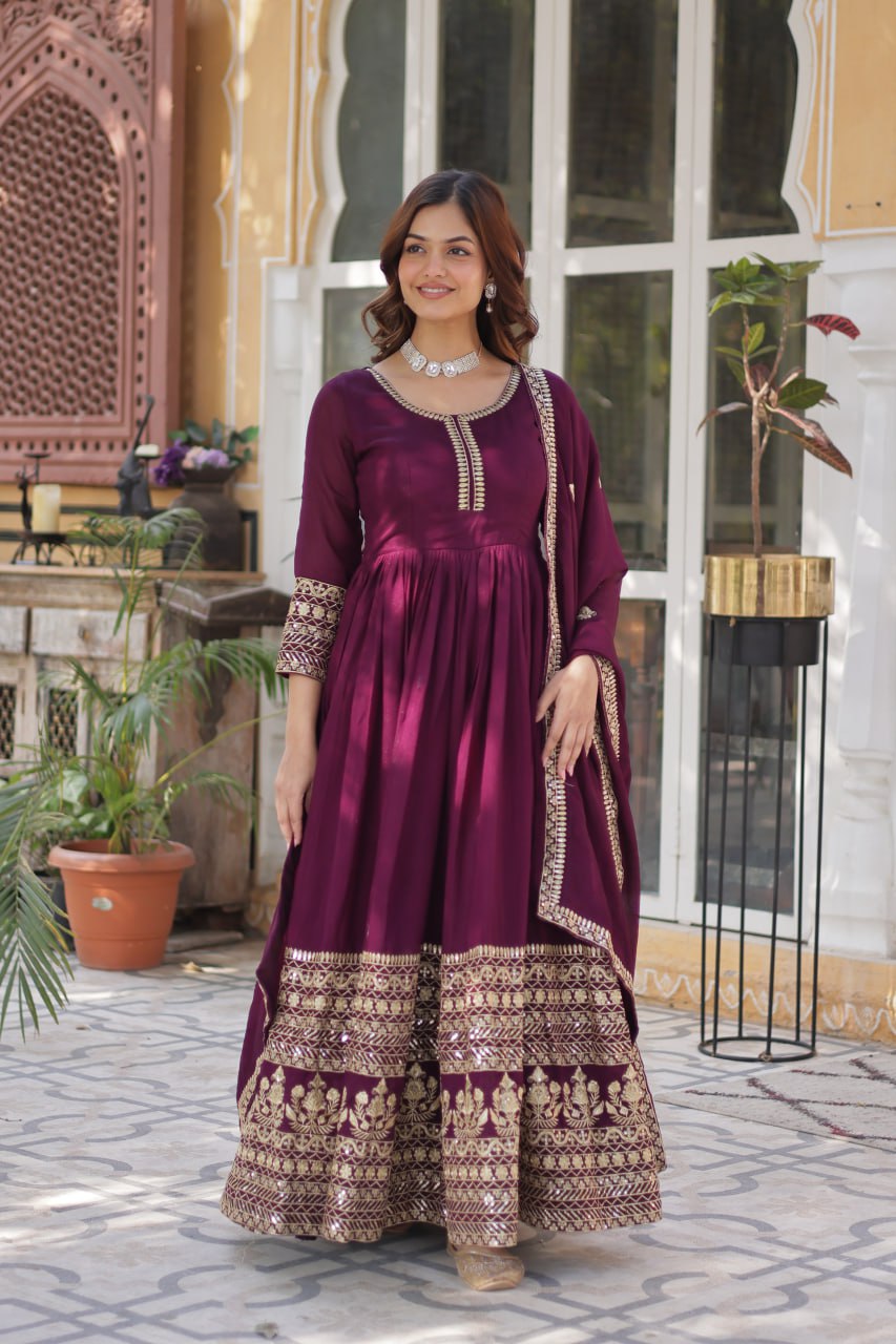 Wine Purple Traditional Shimmer Vichitra Gown With Dupatta