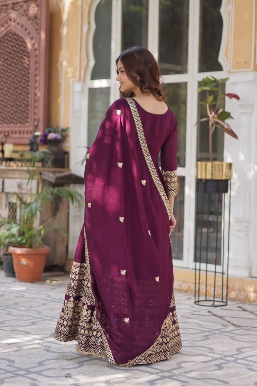 Wine Purple Traditional Shimmer Vichitra Gown With Dupatta