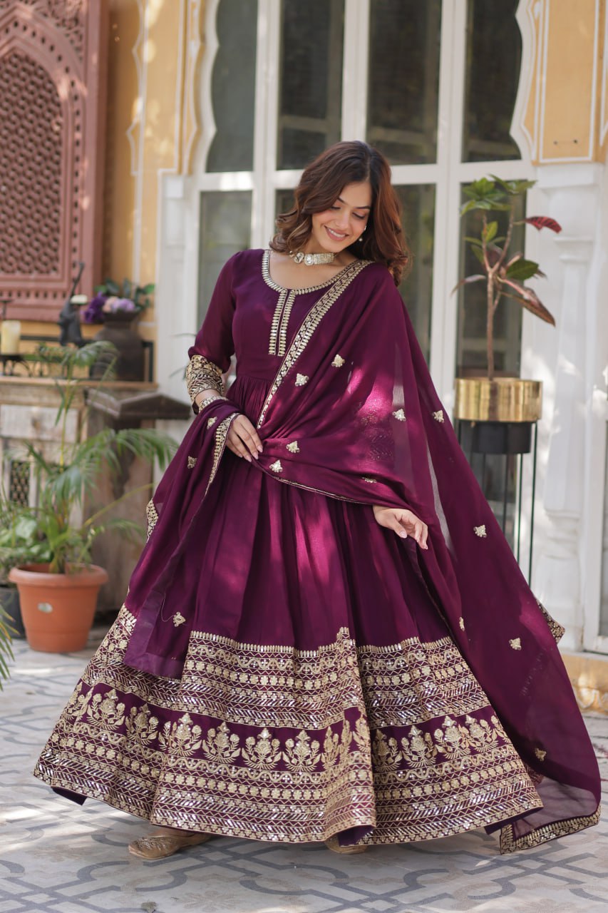 Wine Purple Traditional Shimmer Vichitra Gown With Dupatta