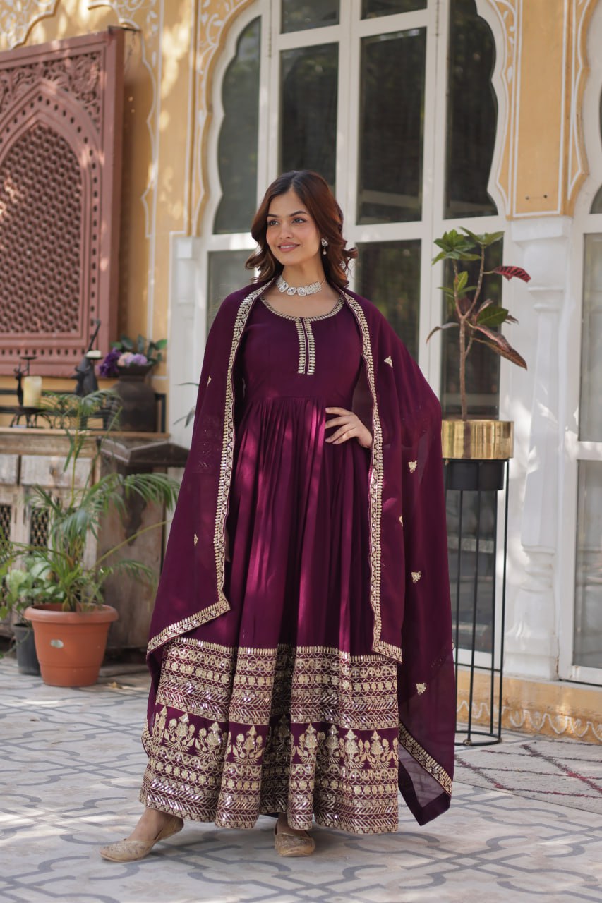 Wine Purple Traditional Shimmer Vichitra Gown With Dupatta