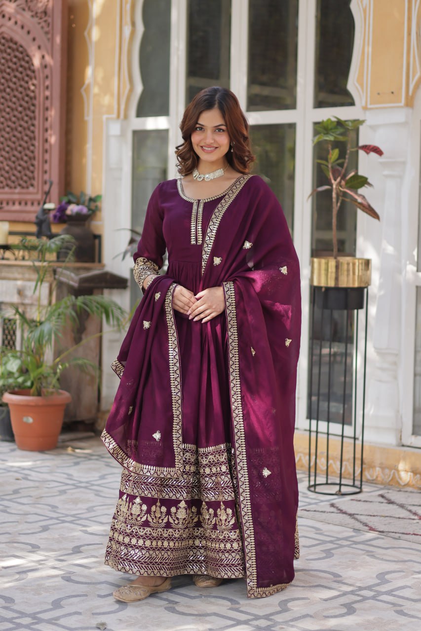 Wine Purple Traditional Shimmer Vichitra Gown With Dupatta