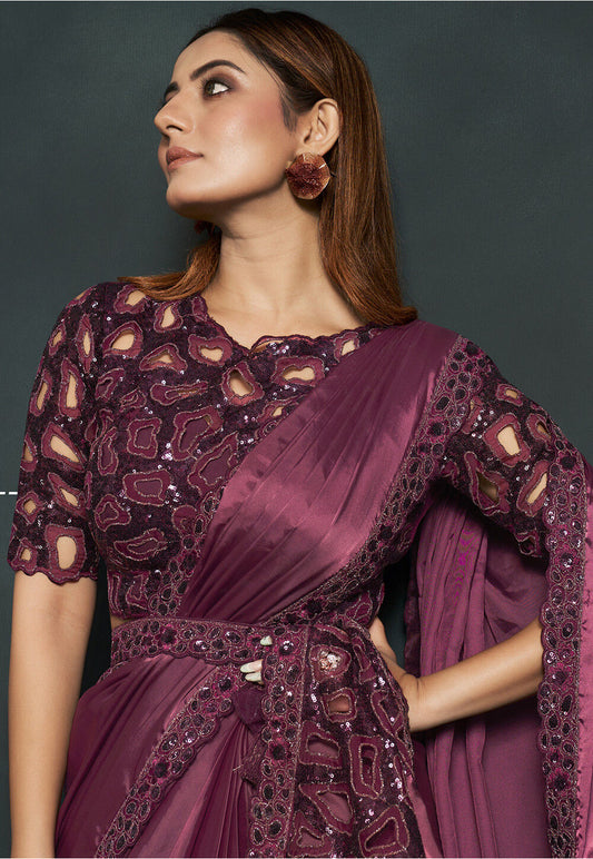 Wine Stylish Pre-Stitched Saree With Belt | Original Saree