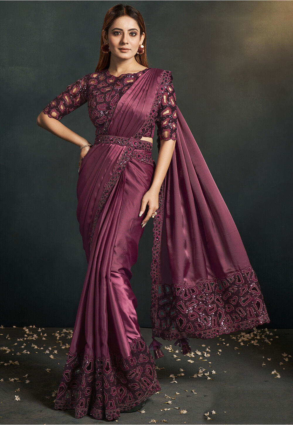 Wine Stylish Pre-Stitched Saree With Belt | Original Saree