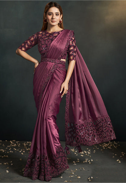 Wine Stylish Pre-Stitched Saree With Belt | Original Saree